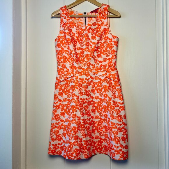 Vibrant & Unique Betsey Johnson Orange and White Floral Dress Back zipper size 8 - Picture 1 of 15